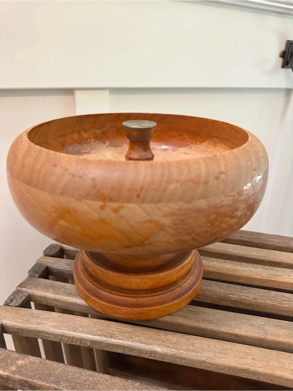 Vintage Hand-Turned Wood Pedestal Nut Bowl Warm Honey Brown Brass Cracking Anvil